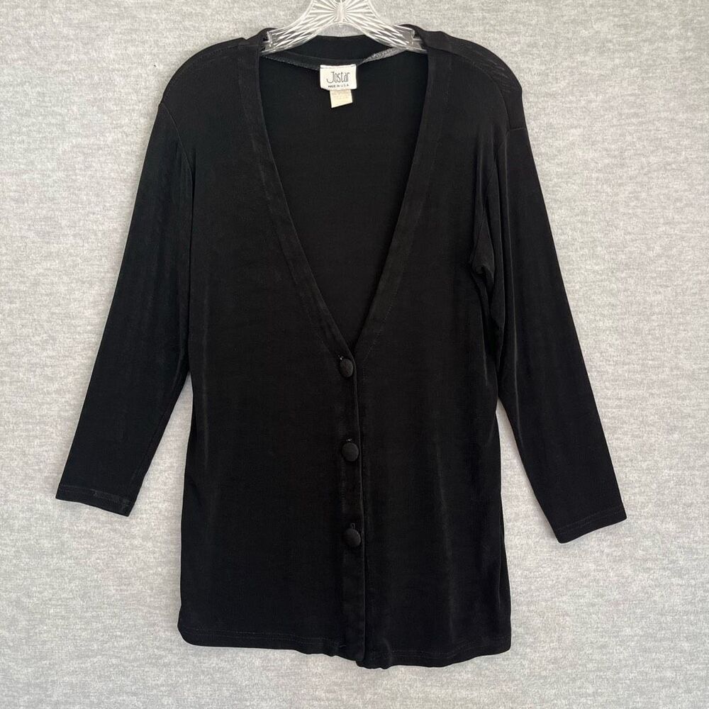 Jostar Low V-Neck Black Cardigan Womens Small Medium Liquid Knit Office Career
